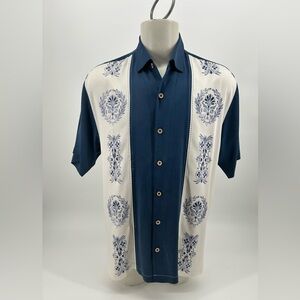 Men's Tommy Bahama Blue White Short Sleeve Silk Vintage Bowling Short Size Large